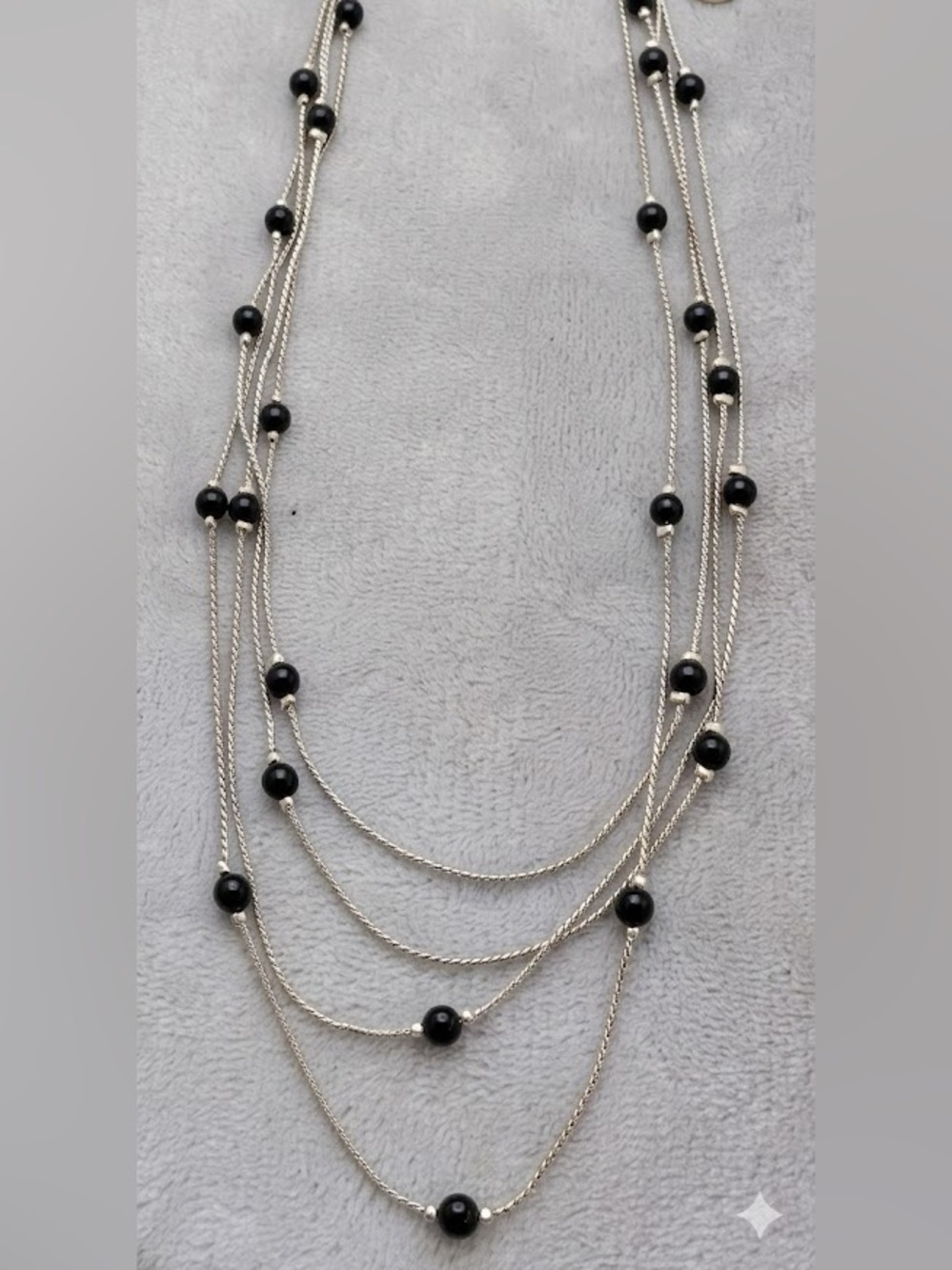 Liz Claiborne Black Beads Silver Tone Multi Strand Layered Necklace Est 1976